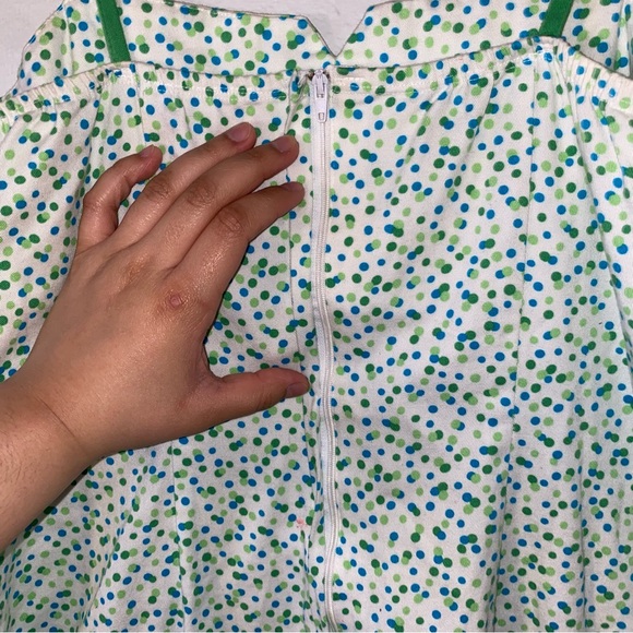 Vintage 90s Aqua Blues Green, blue Polka Dot Sleeveless Bow Accent Dress - Picture 5 of 7